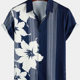 Jerzy | Granatowa koszula aloha w kwiaty i pionowe pasy