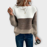 Clara - Elegancki, trójkolorowy sweter patchworkowy